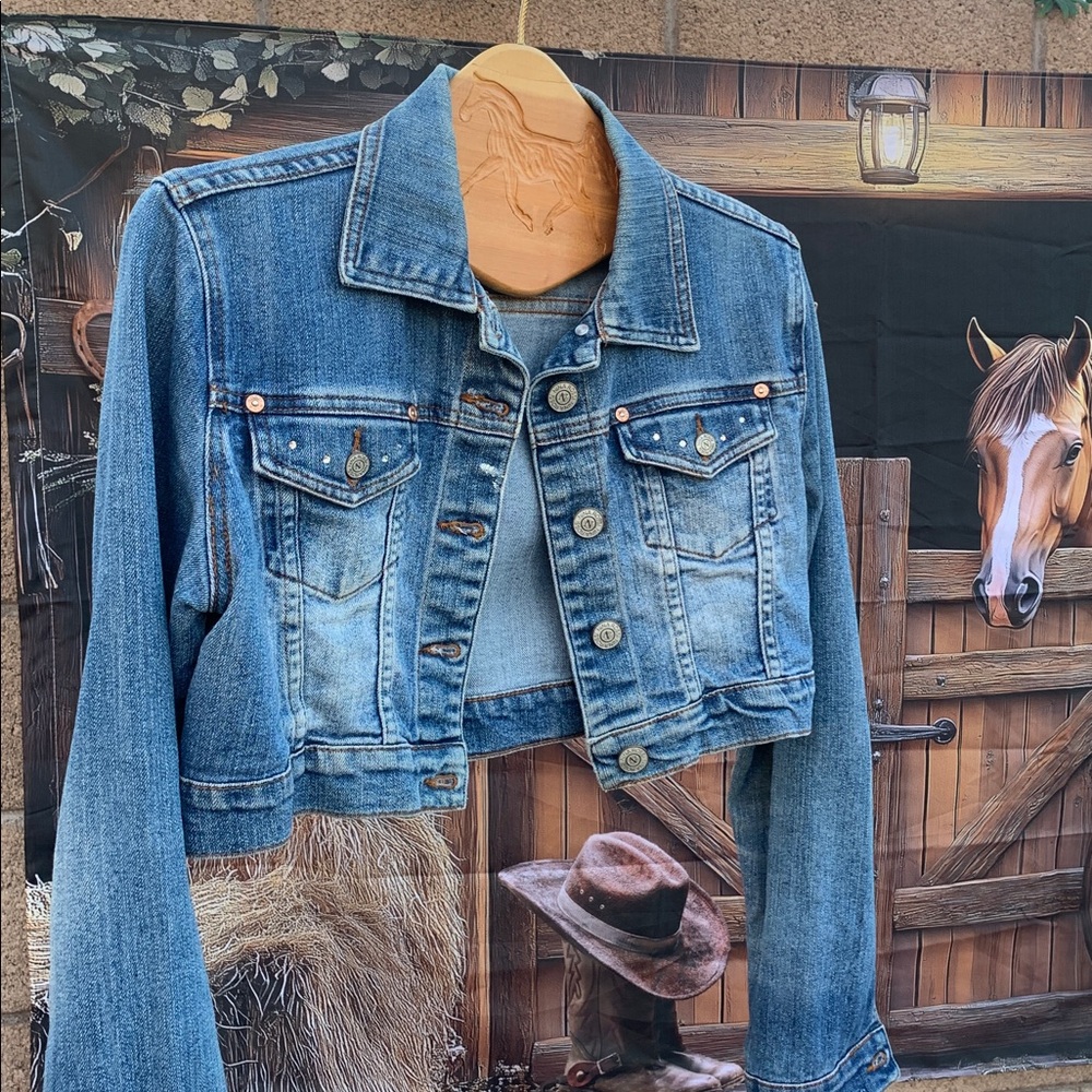 Rina Rossi Cropped Crystal Studded Denim Jean Jacket